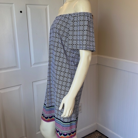 JUDE Connally Blue & White Print Off The Shoulder Mini Shift Dress S - Picture 3 of 13